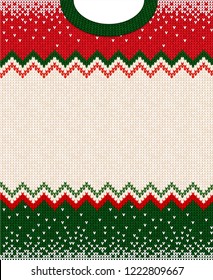 Ugly sweater Merry Christmas and Happy New Year greeting card frame border . Vector illustration knitted background seamless pattern with folk style scandinavian ornaments. White, red, green colors.