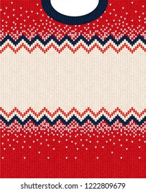 Ugly sweater Merry Christmas and Happy New Year greeting card frame border . Vector illustration knitted background seamless pattern with folk style scandinavian ornaments. White, red, blue colors.