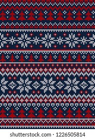 Ugly sweater Merry Christmas and Happy New Year greeting card frame border . Vector illustration knitted background seamless pattern with folk style scandinavian ornaments. White, red, green colors.