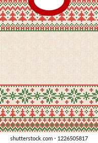 Ugly sweater Merry Christmas and Happy New Year greeting card frame border . Vector illustration knitted background pattern with folk style scandinavian ornaments. White, red, green colors.