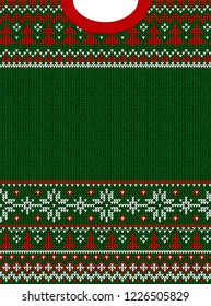 Ugly sweater Merry Christmas and Happy New Year greeting card frame border . Vector illustration knitted background pattern with folk style scandinavian ornaments. White, red, green colors.