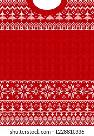 Ugly sweater Merry Christmas and Happy New Year greeting card frame border . Vector illustration knitted background seamless pattern with folk style scandinavian ornaments. White, red colors.