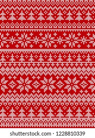 Ugly sweater Merry Christmas Happy New Year Vector illustration knitted background seamless pattern folk style scandinavian ornaments. Wallpaper wrapping paper textile print. White, red colors.