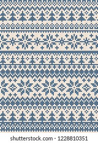 Ugly sweater Merry Christmas Happy New Year Vector illustration knitted background seamless pattern folk style scandinavian ornaments. Wallpaper wrapping paper textile print. White, navy blue colors.