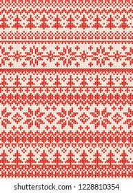 Ugly sweater Merry Christmas Happy New Year Vector illustration knitted background seamless pattern folk style scandinavian ornaments. Wallpaper wrapping paper textile print. White, red colors.