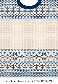 Ugly sweater Merry Christmas and Happy New Year greeting card frame border . Vector illustration knitted background seamless pattern with folk style scandinavian ornaments. White, navy blue colors.