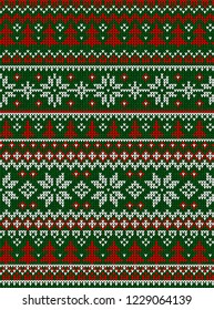 Ugly sweater Merry Christmas and Happy New Year greeting card frame border . Vector illustration knitted background seamless pattern with folk style scandinavian ornaments. White, red, green colors.