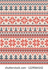 Ugly sweater Merry Christmas and Happy New Year greeting card frame border . Vector illustration knitted background seamless pattern with folk style scandinavian ornaments. White, red, green colors.