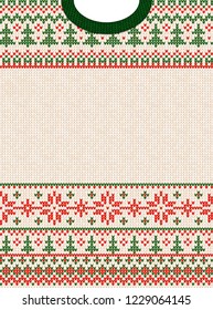 Ugly sweater Merry Christmas and Happy New Year greeting card frame border . Vector illustration knitted background seamless pattern with folk style scandinavian ornaments. White, red, green colors.