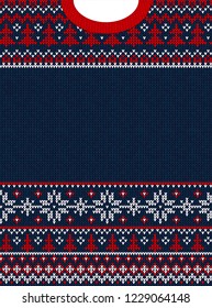 Ugly sweater Merry Christmas and Happy New Year greeting card frame border . Vector illustration knitted background seamless pattern with folk style scandinavian ornaments. White, red, green colors.