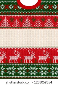 Ugly sweater Merry Christmas and Happy New Year greeting card frame border . Vector illustration knitted background pattern with folk style scandinavian ornaments. White, red, green colors.