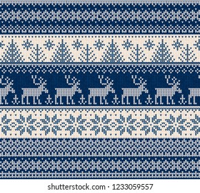 Ugly sweater Merry Christmas Happy New Year Vector illustration knitted background seamless pattern folk style scandinavian ornaments. Wallpaper wrapping paper textile print. White, navy blue colors.