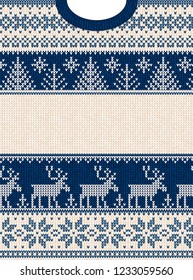 Ugly sweater Merry Christmas and Happy New Year greeting card frame border . Vector illustration knitted background pattern with folk style scandinavian ornaments. White, navy blue colors.