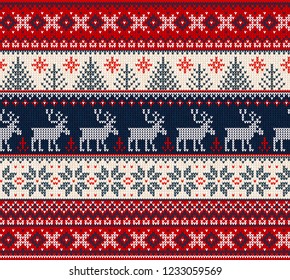 Ugly sweater Merry Christmas Happy New Year Vector illustration knitted background seamless pattern folk style scandinavian ornaments. Wallpaper wrapping paper textile print. White, red, blue colors.