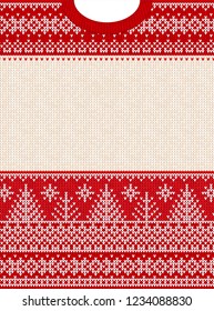 Ugly sweater Merry Christmas and Happy New Year greeting card frame border . Vector illustration knitted background pattern with folk style scandinavian ornaments. White, red colors.