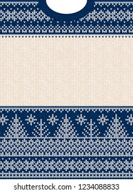 Ugly sweater Merry Christmas and Happy New Year greeting card frame border . Vector illustration knitted background pattern with folk style scandinavian ornaments. White, navy blue colors.