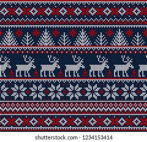 Ugly sweater Merry Christmas Happy New Year Vector illustration knitted background seamless pattern folk style scandinavian ornaments. Wallpaper wrapping paper textile print. White, red, blue colors.