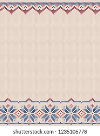 Ugly sweater Merry Christmas and Happy New Year greeting card template. Vector illustration Handmade knitted background pattern with scandinavian ornaments. White, red, green colors. Flat style