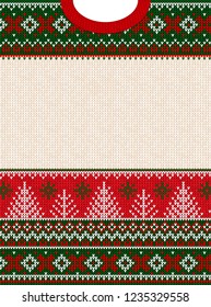 Ugly sweater Merry Christmas and Happy New Year greeting card frame border . Vector illustration knitted background seamless pattern with folk style scandinavian ornaments. White, red, green colors.