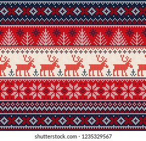 Ugly sweater Merry Christmas Happy New Year Vector illustration knitted background seamless pattern folk style scandinavian ornaments. Wallpaper wrapping paper textile print. White, red, blue colors.