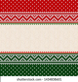 Ugly sweater Merry Christmas and Happy New Year greeting card frame border template. Vector illustration knitted background seamless pattern scandinavian ornaments. White, red, green colored clipart