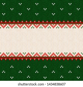 Ugly sweater Merry Christmas and Happy New Year greeting card frame border template. Vector illustration knitted background seamless pattern scandinavian ornaments. White, red, green colored clipart