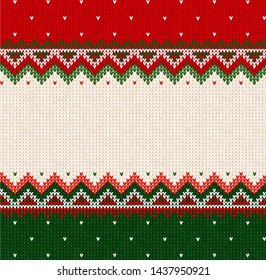 Ugly sweater Merry Christmas and Happy New Year greeting card frame border template. Vector illustration knitted background seamless pattern scandinavian ornaments. White, red, green colored clipart