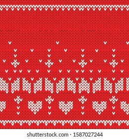 Ugly sweater Merry Christmas Happy New Year Vector illustration knitted background seamless pattern folk style scandinavian ornaments.
