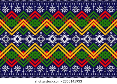 Ugly sweater Merry Christmas Happy New Year illustration knitted background seamless pattern folk style scandinavian ornaments. Wallpaper wrapping paper textile print. White, red, green colors.