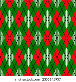 Ugly sweater Merry Christmas Happy New Year illustration knitted background seamless pattern folk style scandinavian ornaments. Wallpaper wrapping paper textile print. White, red, green colors.