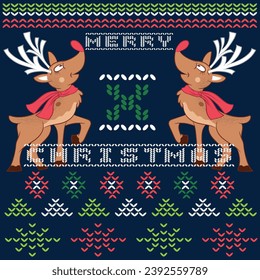 Ugly Sweater Merry Christmas Happy New Year Vector illustration of colored knitted seamless patterns folk style Scandinavian ornaments. Paper wallpaper for textile printing. White, red and green color