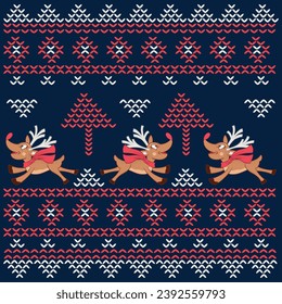 Ugly Sweater Merry Christmas Happy New Year Vector illustration of colored knitted seamless patterns folk style Scandinavian ornaments. Paper wallpaper for textile printing. White, red and green color