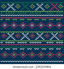 Ugly Sweater Merry Christmas Happy New Year Vector illustration of colored knitted seamless patterns folk style Scandinavian ornaments. Paper wallpaper for textile printing. White, red and green color