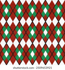 Ugly sweater Merry Christmas Happy New Year illustration knitted background seamless pattern folk style scandinavian ornaments. Wallpaper wrapping paper textile print. White, red, green colors.	