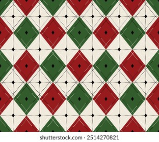 Ugly sweater Merry Christmas Happy New Year illustration knitted background seamless pattern folk style scandinavian ornaments. Wallpaper wrapping paper textile print. White, red, green colors.