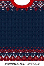 Ugly sweater Merry Christmas and Happy New Year greeting card template. Vector illustration Handmade knitted background pattern with scandinavian ornaments. White, red, blue colors. Flat style