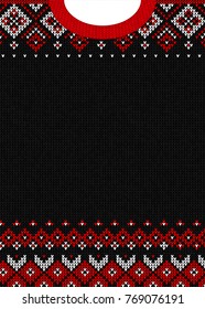 Ugly sweater Merry Christmas and Happy New Year greeting card template. Vector illustration Handmade knitted background pattern with scandinavian ornaments. White, red, black colors. Flat style