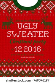 Ugly sweater Merry Christmas and Happy New Year greeting card template. Vector illustration Handmade knitted background pattern with scandinavian ornaments. White, red, green colors. Flat style