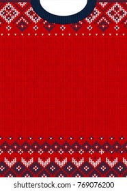 Ugly sweater Merry Christmas and Happy New Year greeting card template. Vector illustration Handmade knitted background pattern with scandinavian ornaments. White, red, blue colors. Flat style