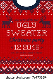 Ugly sweater Merry Christmas and Happy New Year greeting card template. Vector illustration Handmade knitted background pattern with scandinavian ornaments. White, red, blue colors. Flat style