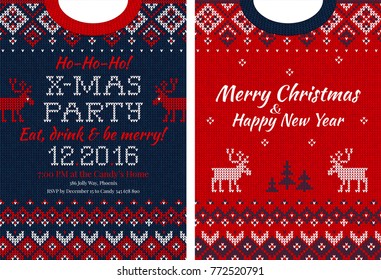 Ugly sweater Merry Christmas and Happy New Year greeting card template. Vector illustration Handmade knitted background pattern with scandinavian ornaments. White, red, blue colors. Flat style