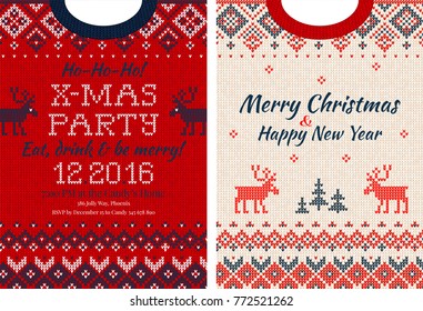 Ugly sweater Merry Christmas and Happy New Year greeting card template. Vector illustration Handmade knitted background pattern with scandinavian ornaments. White, red, blue colors. Flat style