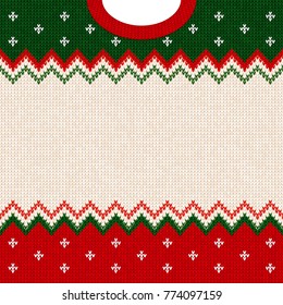 Ugly sweater Merry Christmas and Happy New Year greeting card frame border template. Vector illustration knitted background pattern with scandinavian ornaments. White, red, green colors. Flat style