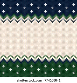 Ugly sweater Merry Christmas and Happy New Year greeting card frame border template. Vector illustration knitted background pattern with scandinavian ornaments. White, green, blue colors. Flat style