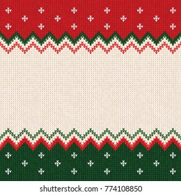 Ugly sweater Merry Christmas and Happy New Year greeting card frame border template. Vector illustration knitted background pattern with scandinavian ornaments. White, red, green colors. Flat style