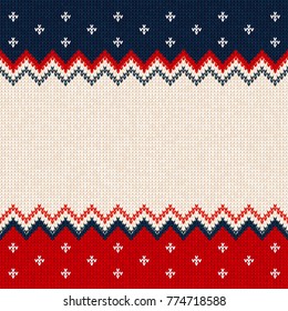 Ugly sweater Merry Christmas and Happy New Year greeting card frame border template. Vector illustration knitted background pattern with scandinavian ornaments. White, red, blue colors. Flat style