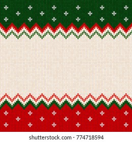 Ugly sweater Merry Christmas and Happy New Year greeting card frame border template. Vector illustration knitted background pattern with scandinavian ornaments. White, red, green colors. Flat style