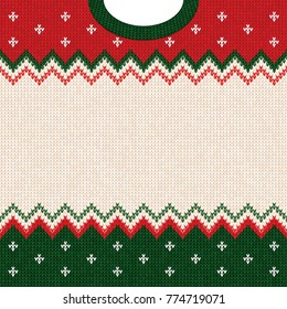 Ugly sweater Merry Christmas and Happy New Year greeting card frame border template. Vector illustration knitted background pattern with scandinavian ornaments. White, red, green colors. Flat style