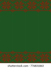 Ugly sweater Merry Christmas and Happy New Year greeting card template. Vector illustration Handmade knitted background pattern with scandinavian ornaments. , red, green colors. Flat style