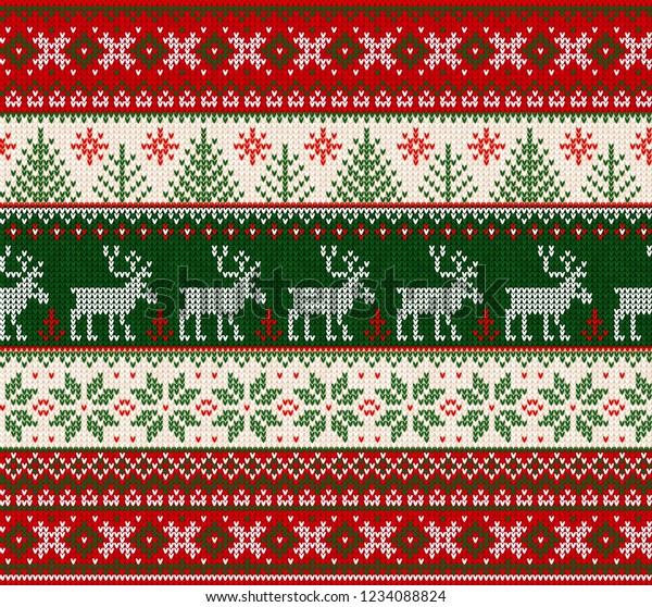 Ugly sweater Merry Christmas Happy New Year\
Vector illustration knitted background seamless pattern folk style\
scandinavian ornaments. Wallpaper wrapping paper textile print.\
White, red, green colors.